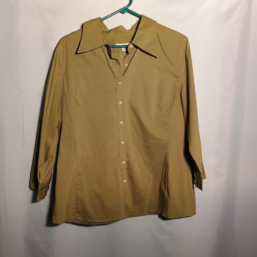 Women’s Olive Green Button-Down Shirt – Long Sleeve Collared Blouse